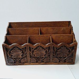 Vintage Lerner Faux Carved Wood Letter Holder Mail Desk Organizer Bill Sorter